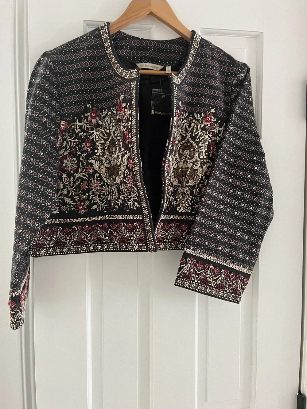 Soft Surroundings Black Cropped Embroidered Blazer with Burgundy & Cream Accent